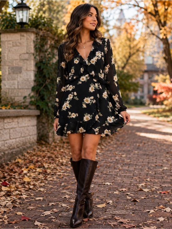Bardot Dresses & Skirts - Bardot Floral Ruffle Long Sleeve Mini Dress Black Cream US 10 Large